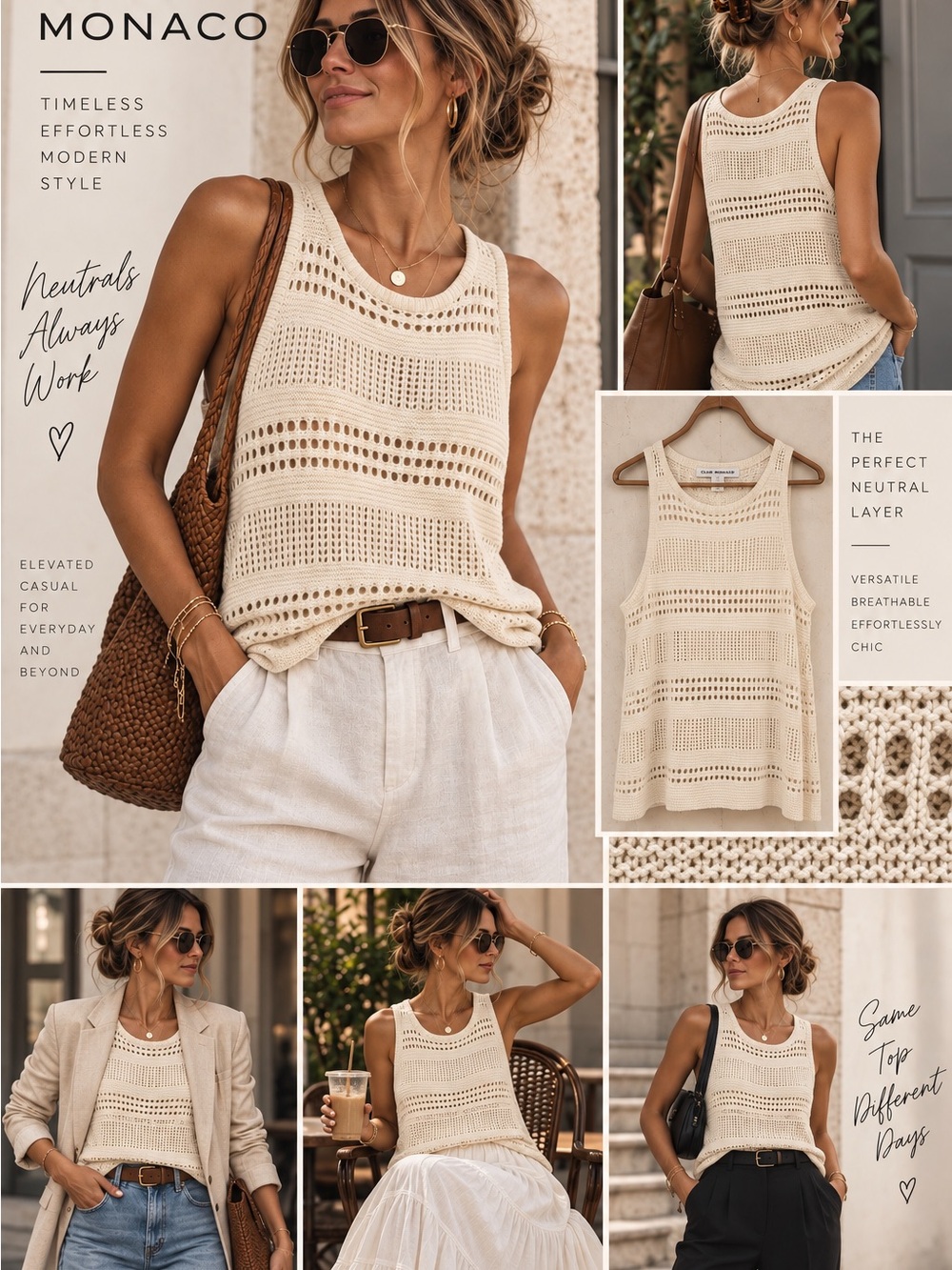 Club Monaco Open Knit Tank Top Cream Beige Silk Blend XS Boho